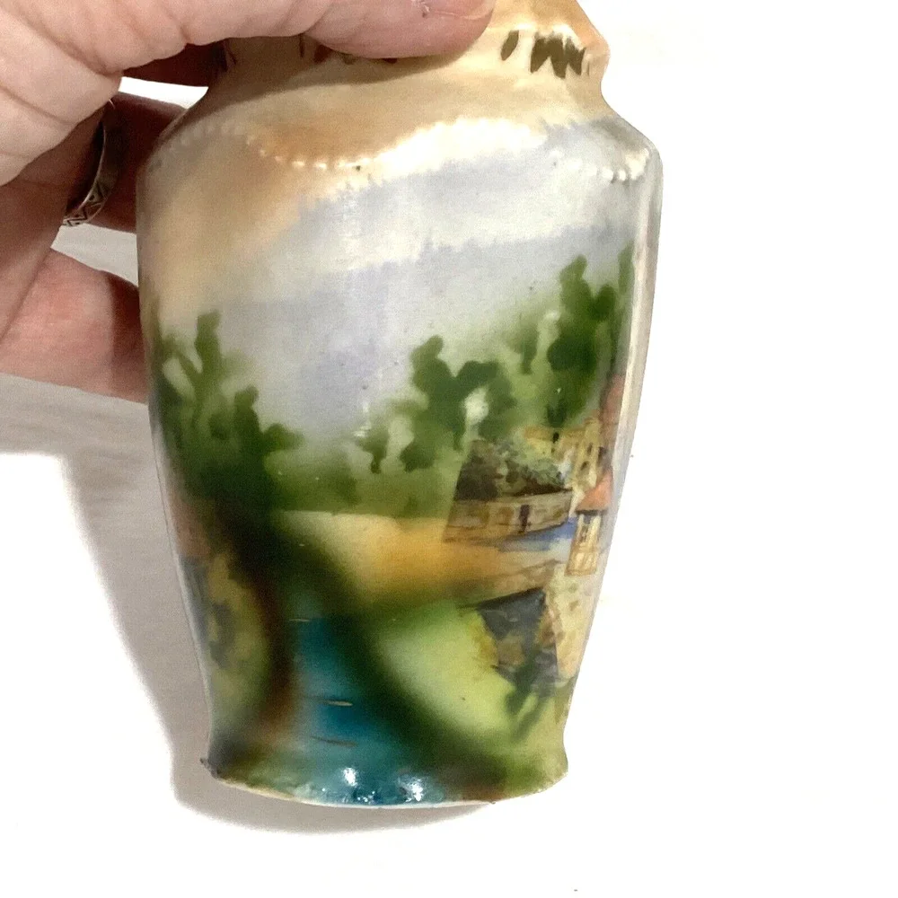 Vintage handpainted porcelain sugar shaker castor muffineer castles landscape